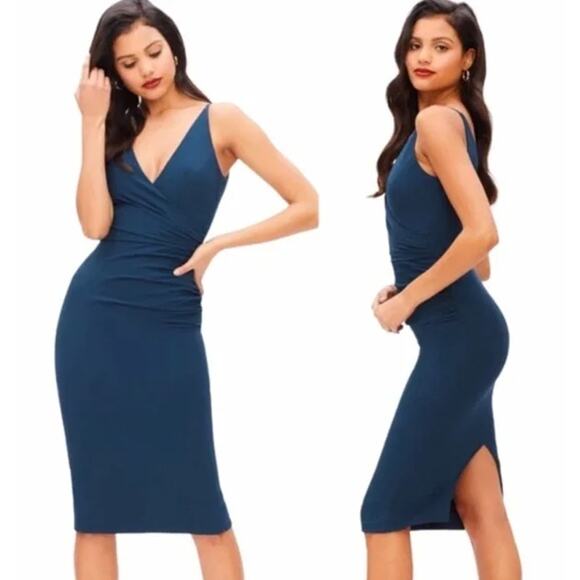 Dress The Population Anita Midi Dress V-Neck Ruched Crepe Sheath, Peacock Blue - Picture 4 of 16